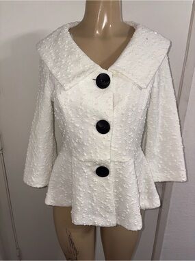 Joseph Ribkoff White Textured Peplum Jacket with Black Buttons